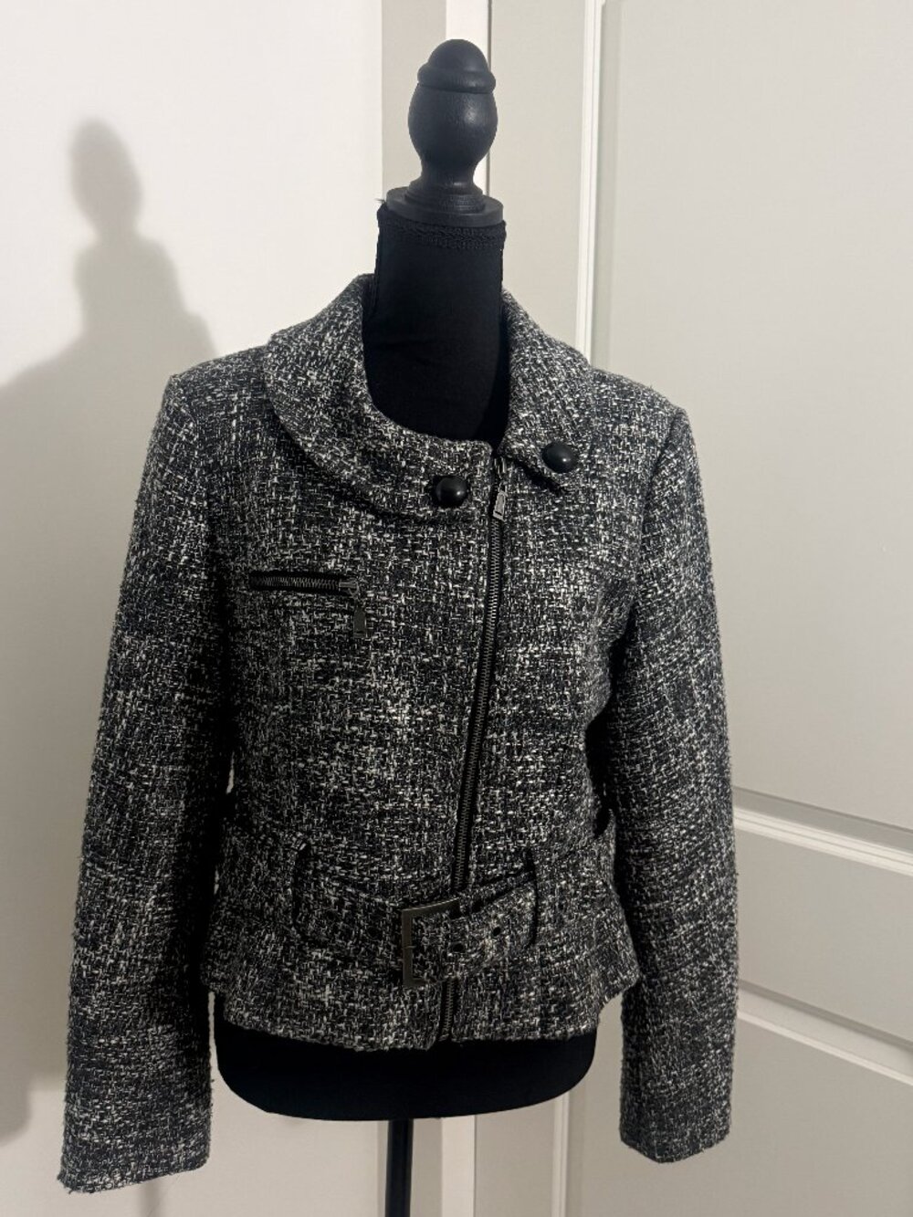 Mac & Jac Tweed Belted Zip Jacket – Black&White M